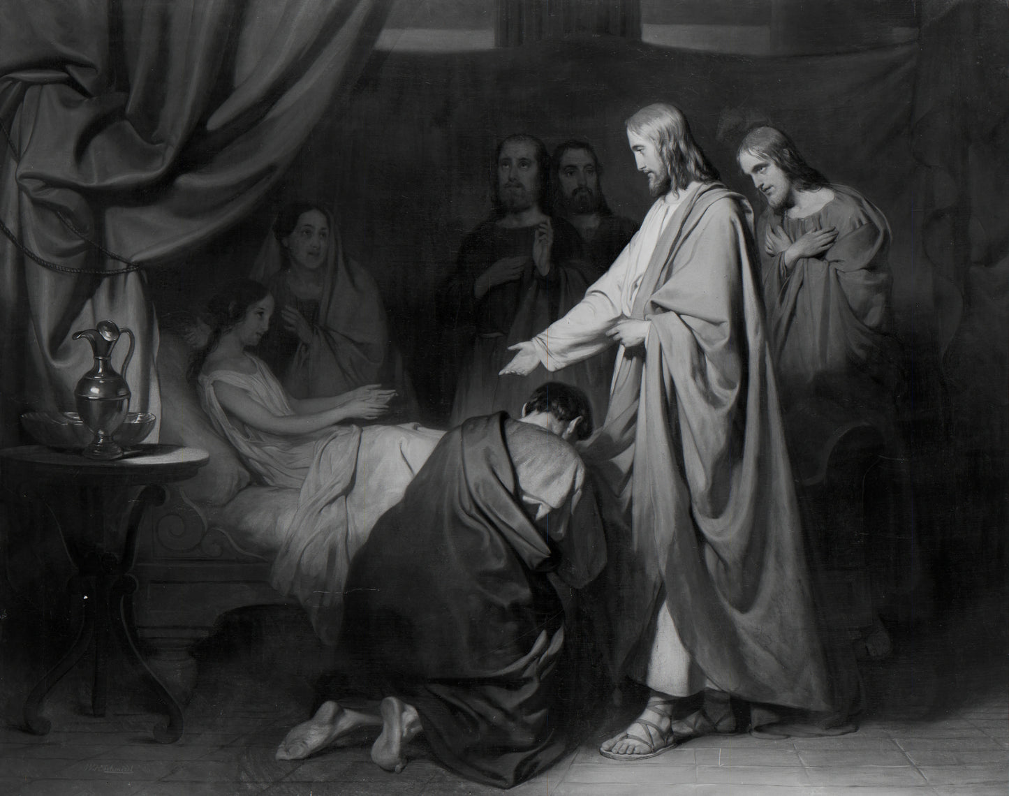 De opwekking van het dochtertje van Jaïrus – Willem Hendrik Schmidt (mentioned on object) Vintage Art Print | Wall Art Poster