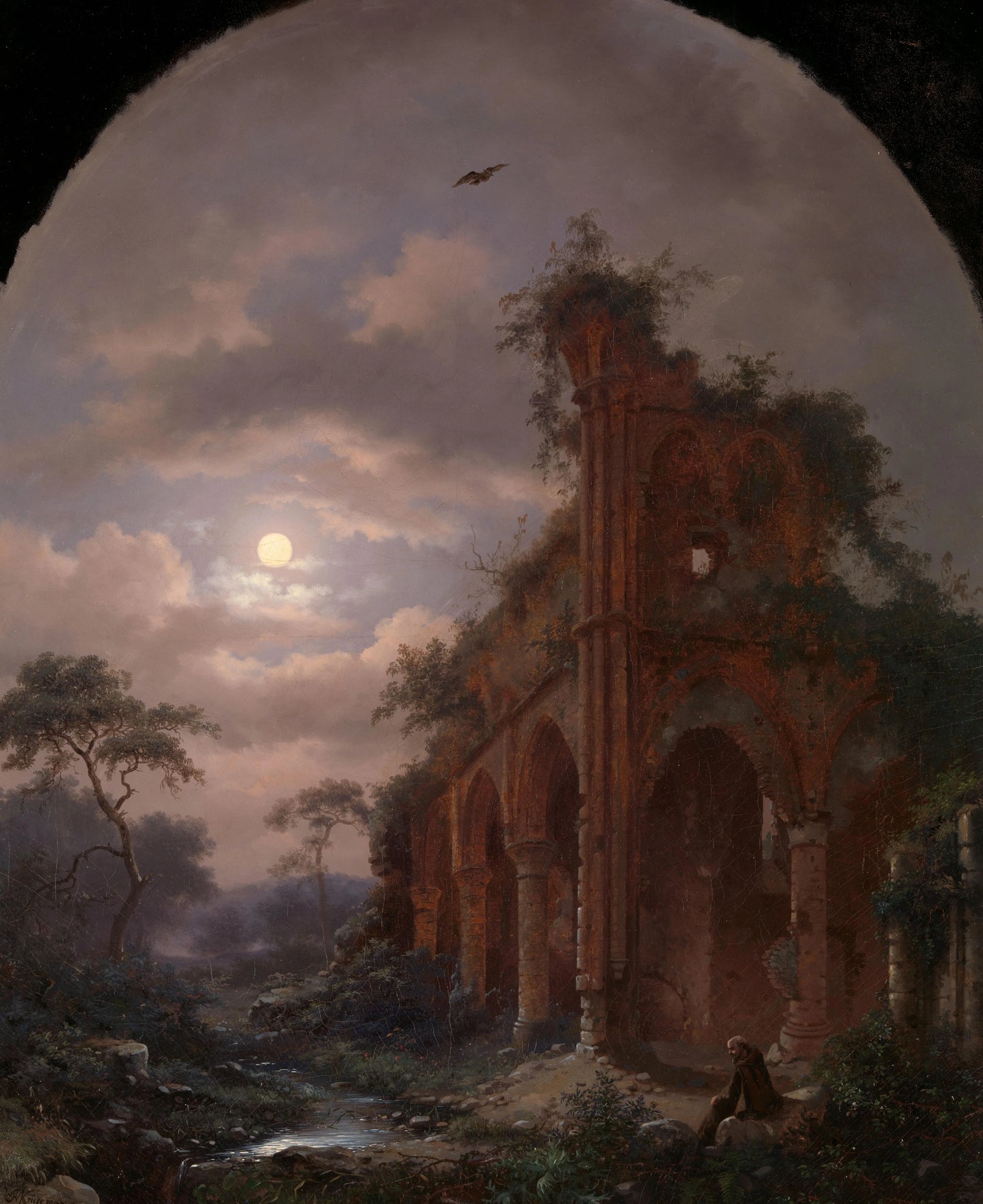 Monk Meditating near a Ruin by Moonlight – Frederik Marinus Kruseman (eigenhandig gesigneerd) Vintage Landscape Art Print | Wall Art Poster