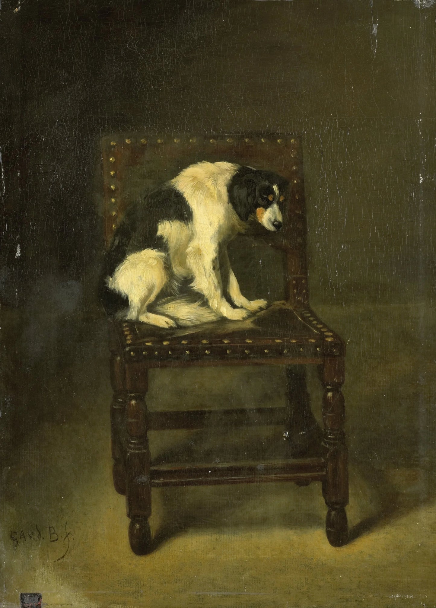 A Dog on a Chair – Guillaume Anne van der Brugghen (mentioned on object) Vintage Animal Study Art Print | Wall Art Poster