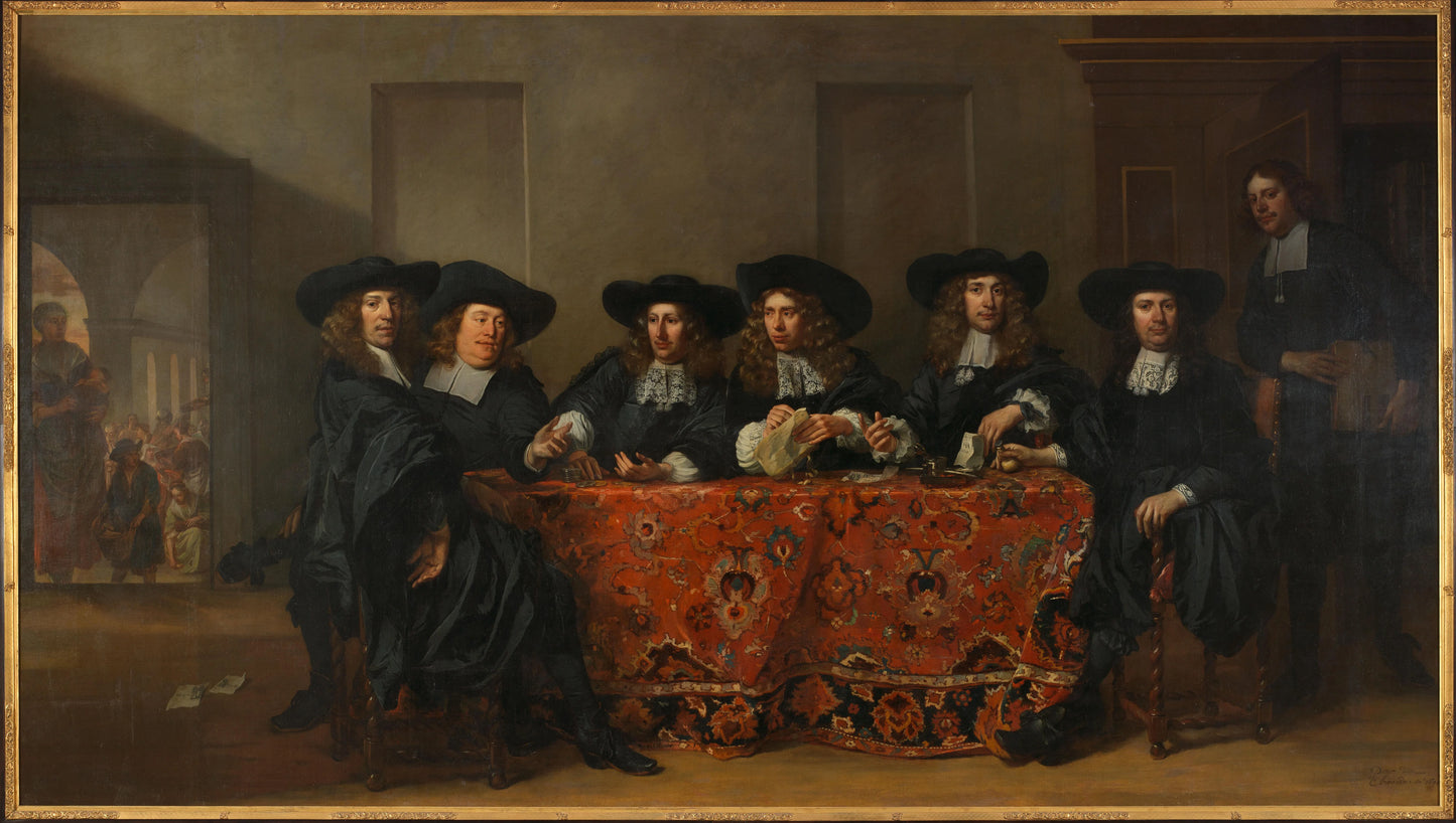 Six Regents and the Housemaster of the Oudezijds Institute for the Outdoor Relief of the Poor, Amsterdam, 1675 – Pieter van Anraedt Vintage Art Print | Wall Art Poster