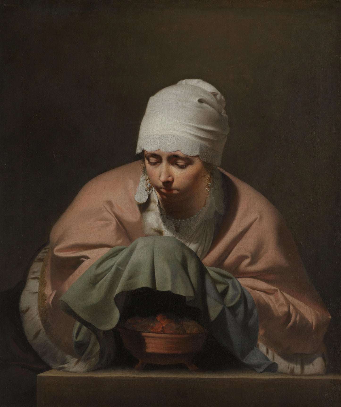 A Young Woman Warming her Hands over a Brazier: Allegory of Winter – Caesar van Everdingen (signed by artist) Vintage Art Print | Wall Art Poster