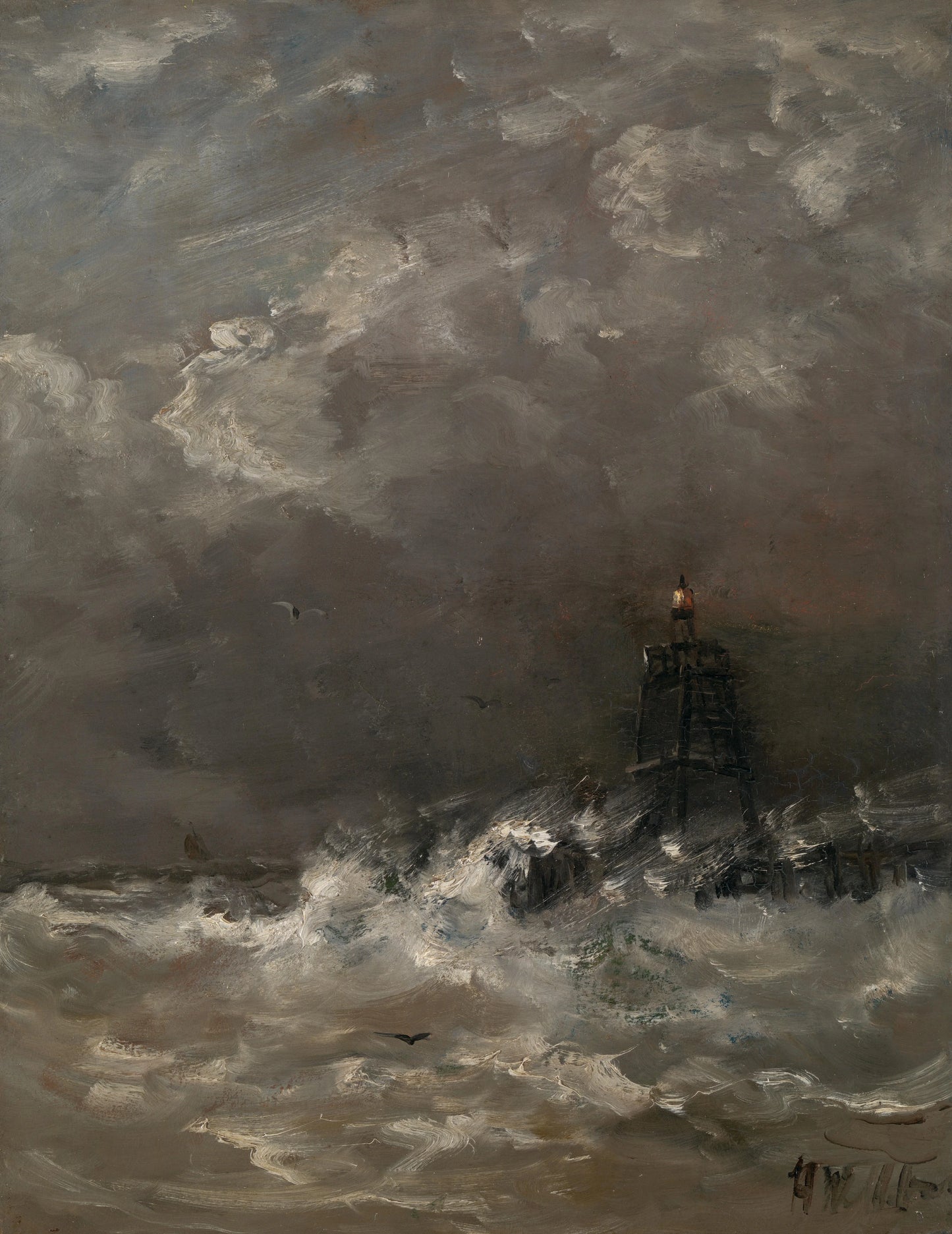 Lighthouse in Breaking Waves – Hendrik Willem Mesdag (signed by artist) Vintage Landscape Art Print | Wall Art Poster