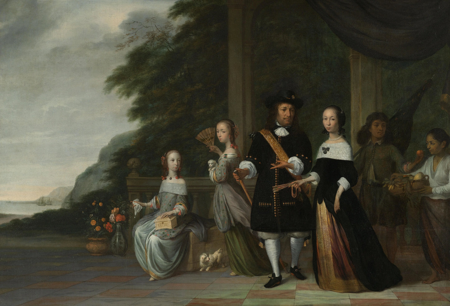 Pieter Cnoll. Senior Merchant of Batavia, his Wife Cornelia van Nijenroode and their Daughters Catharina (b. 1653) en Hester (b. 1659) – Jacob Coeman Vintage Floral Art Print | Wall Art Poster
