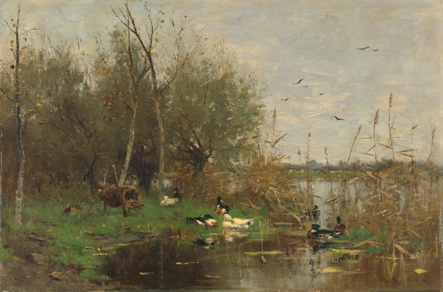 Ducks beside a duck shelter on a ditch – Geo Poggenbeek Vintage Landscape Art Print | Wall Art Poster