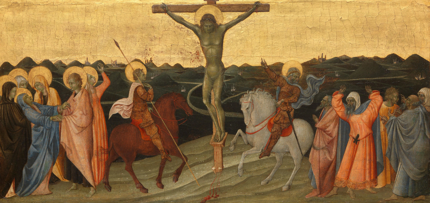 The Crucifixion with Mary, John, Mary Magdalene, St Longinus and the Converted Centurion – Giovanni di Paolo di Grazia Vintage Art Print | Wall Art Poster