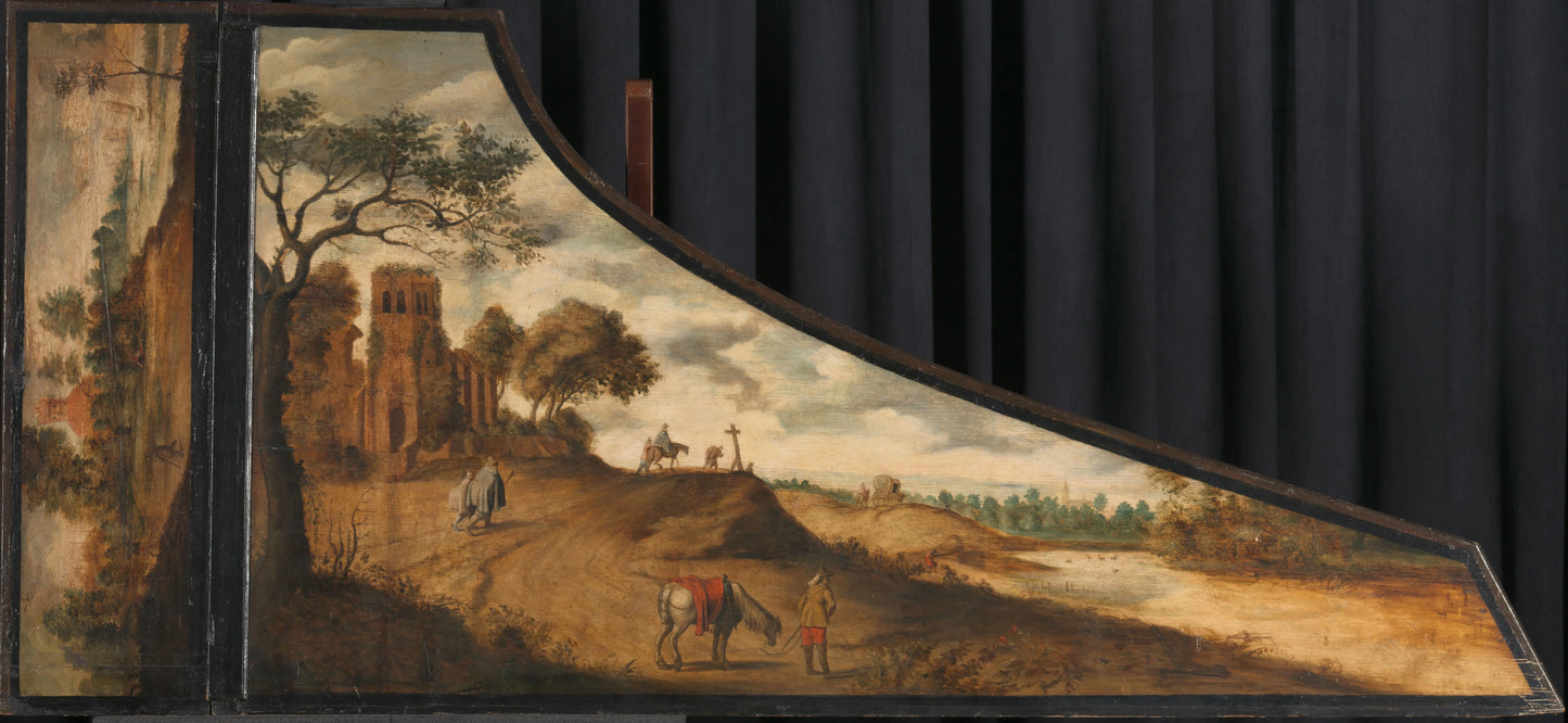 Painting on a Harpsichord Lid with a Hilly Landscape and Travellers – copy after Gerard van der Horst Vintage Landscape Art Print | Wall Art Poster