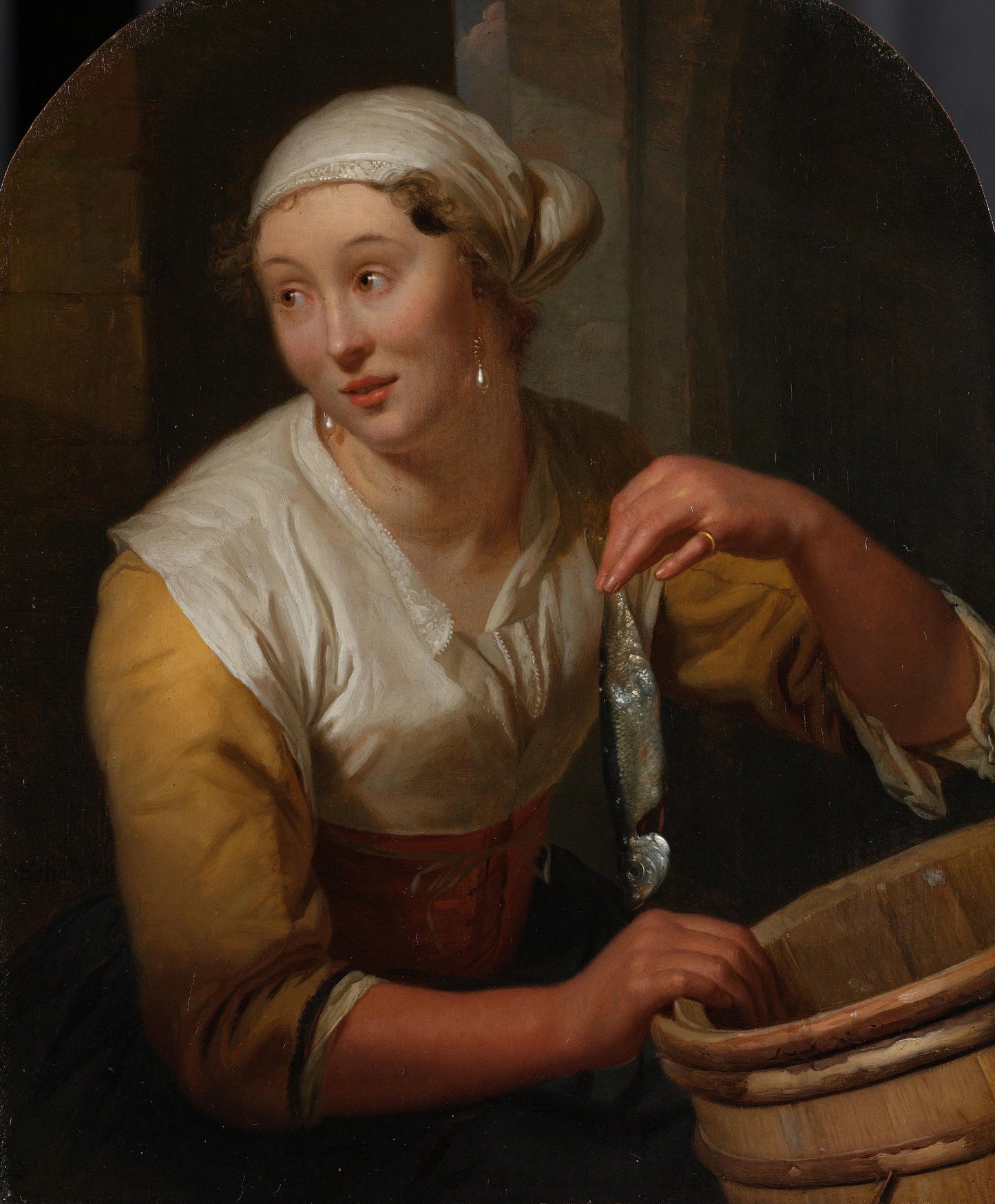 Woman Selling Herrings – Godfried Schalcken (mentioned on object) Vintage Art Print | Wall Art Poster