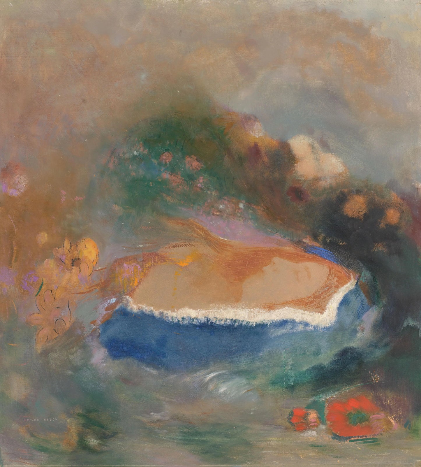 Ophélie, la cape bleue sur les eaux (Ophelia with a Blue Wimple in the Water) – Odilon Redon (signed by artist) Vintage Art Print | Wall Art Poster