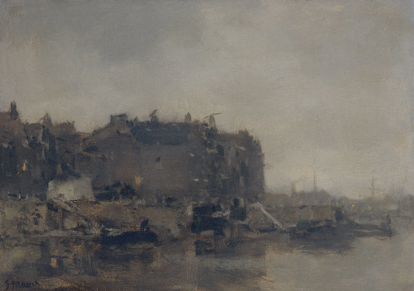 Houses on the Prins Hendrikkade, Amsterdam, on a Misty Day – Jacob Maris Vintage Cityscape Art Print | Wall Art Poster
