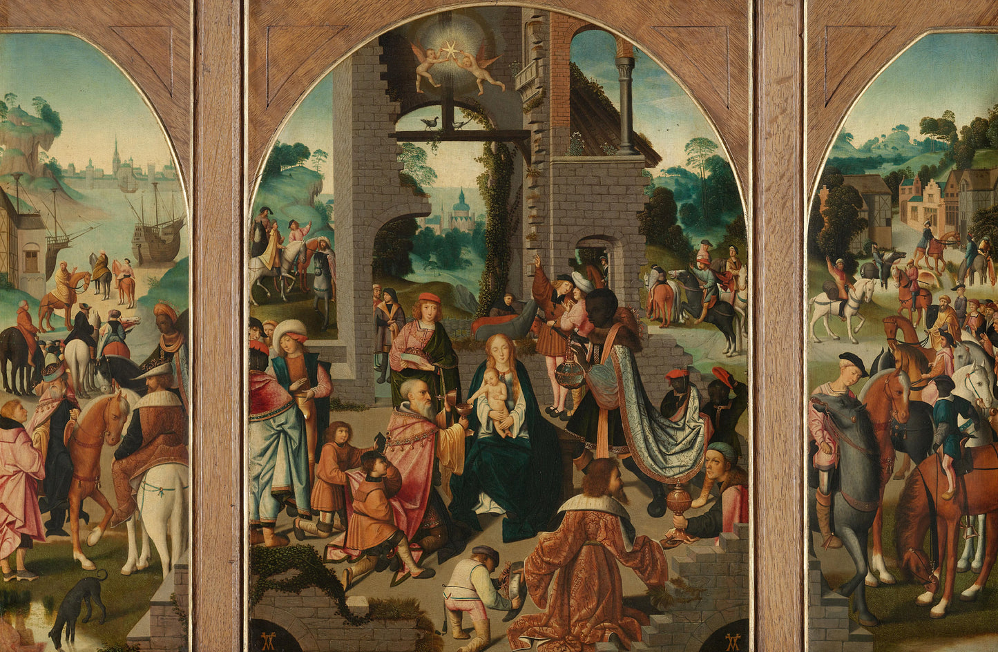 Triptych with Adoration of the Magi (center and inner wings), Saint Antony Abbot (left, outer wing) and Saint Adrian (right, outer wing) – toegeschreven aan Meester van Alkmaar Vintage Art Print | Wall Art Poster