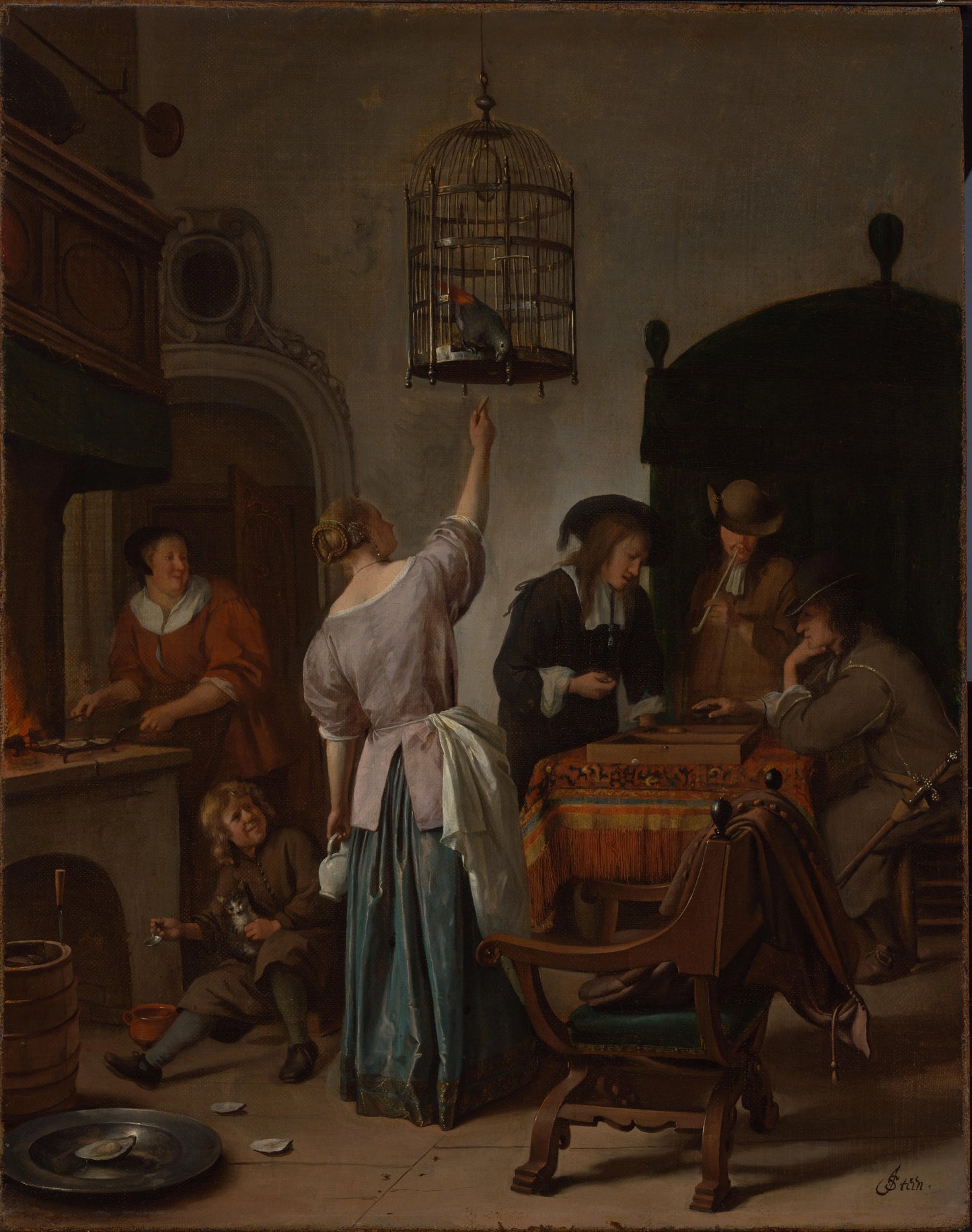 Interior with a woman feeding a parrot – Jan Havicksz. Steen Vintage Animal Study Art Print | Wall Art Poster