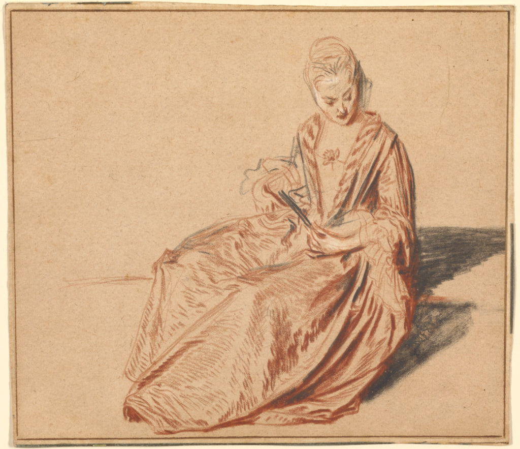 Jean-Antoine Watteau:Seated Woman with a Fan, Poster Print Wall Art