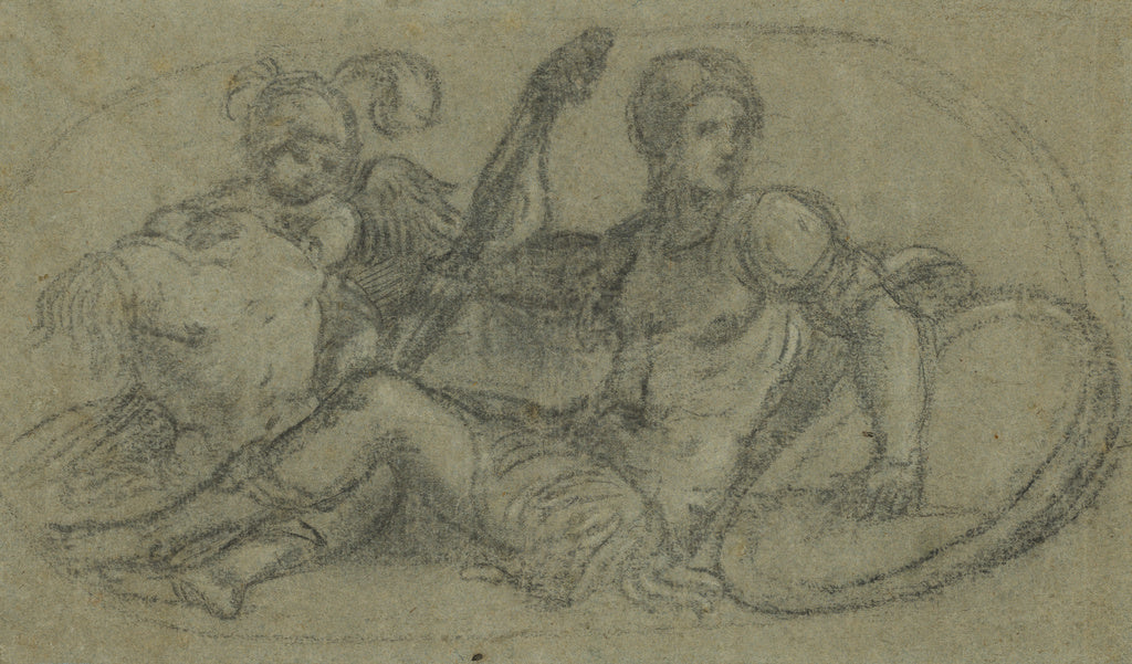 Paris Bordone , 1500 - 1571):Seated Male Figure with Putto a, Poster Print Wall Art
