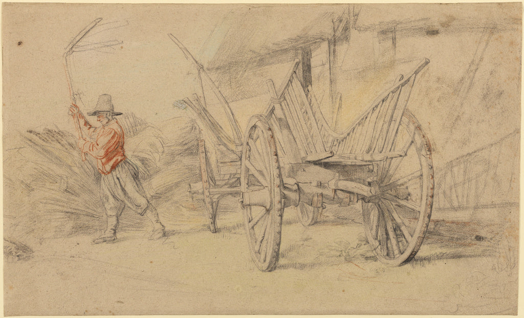 Peter Paul Rubens:A Man Threshing Beside a Wagon, Farm Build, Poster Print Wall Art