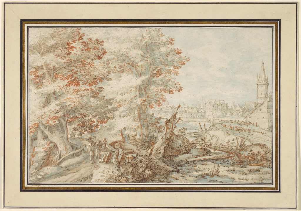 Pieter Stevens:A Wooded Landscape with Travellers by a Strea, Poster Print Wall Art