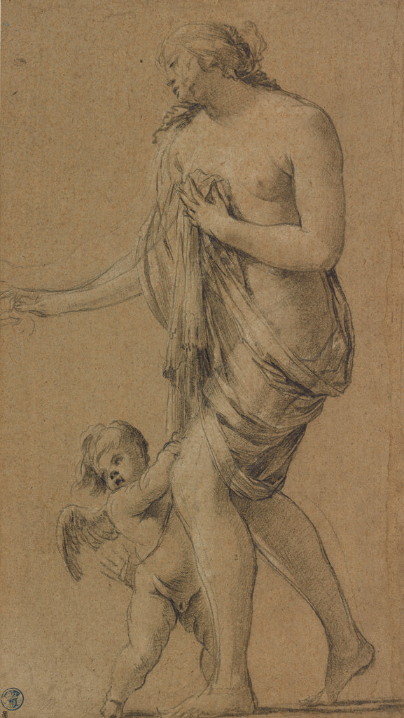 Simon Vouet:Study of a Female Figure with a Putto (recto); S, Poster Print Wall Art