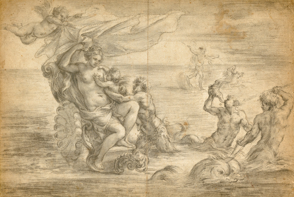 Alessandro Algardi:Venus Seated in Her Sea Chariot Suckling , Poster Print Wall Art