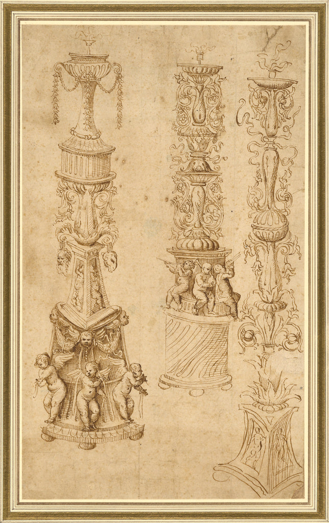 Domenico CampagnolaAttributed to:Studies of Three Candlestic, Poster Print Wall Art