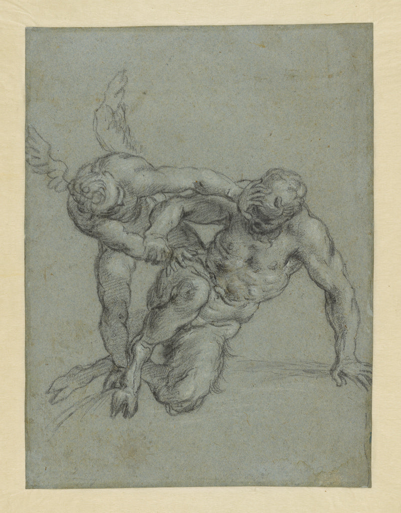 Agostino Carracci:Cupid Overpowering Pan (recto); Head of a , Poster Print Wall Art