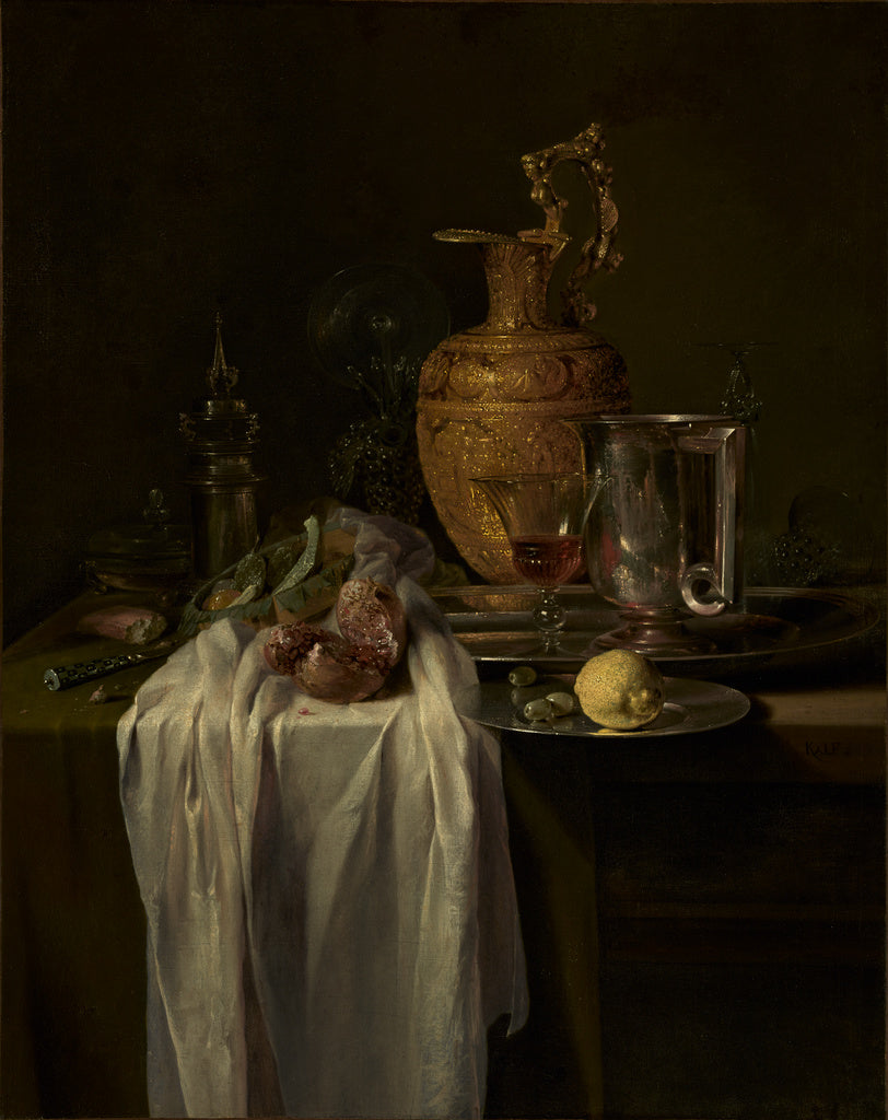 Willem Kalf:Still Life with Ewer, Vessels, and Pomegranate, Poster Print Wall Art