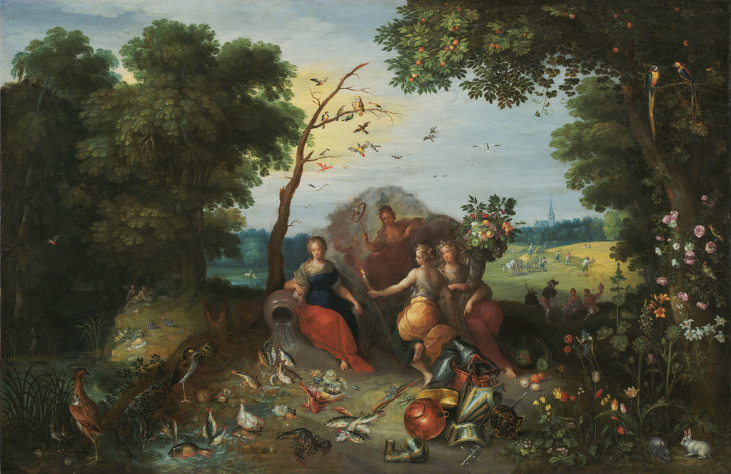 Jan Brueghel the Younger:Landscape with Allegories of the Fo, Poster Print Wall Art
