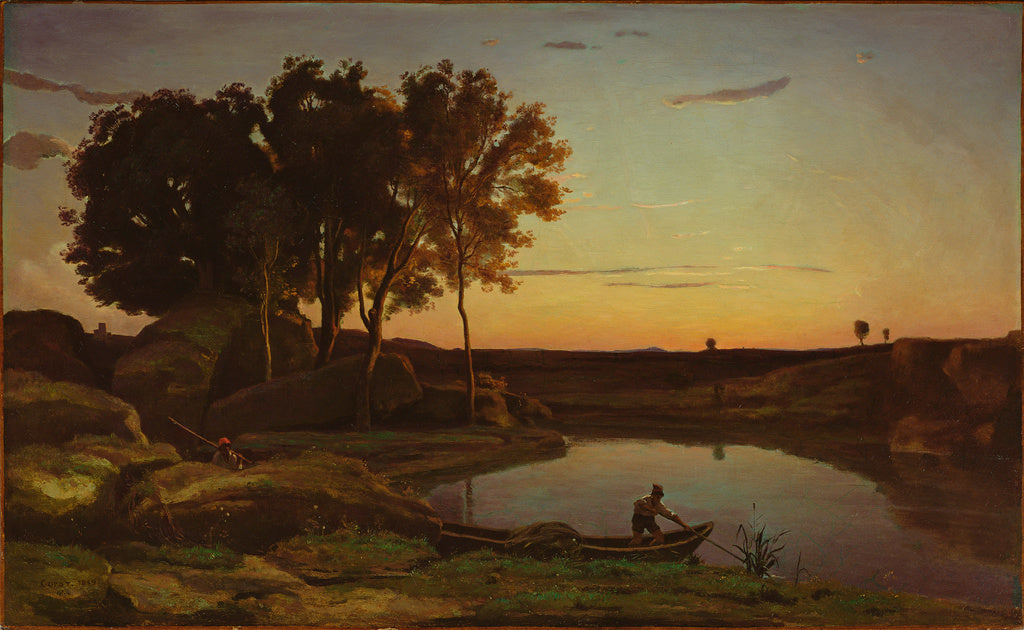 Jean-Baptiste-Camille Corot:Landscape with Lake and Boatman, Poster Print Wall Art