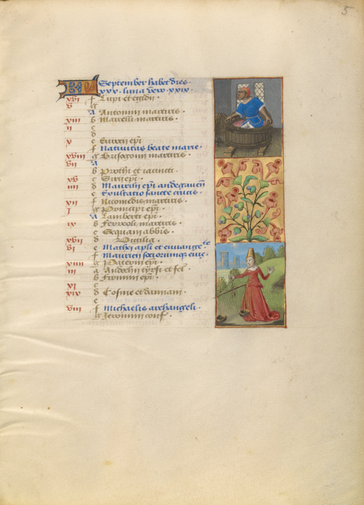 Unknown:September Calendar Page; Making Wine; Libra, Poster Print Wall Art
