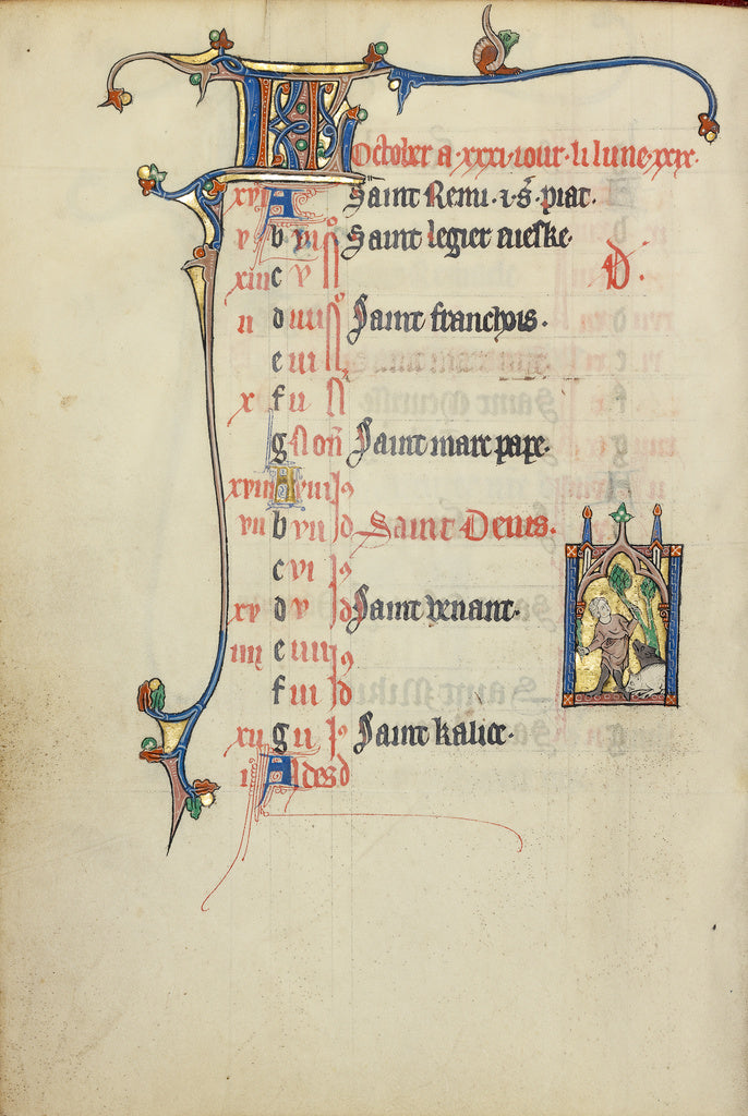 Unknown:Calendar Page for October; Gathering Acorns for Pigs, Poster Print Wall Art