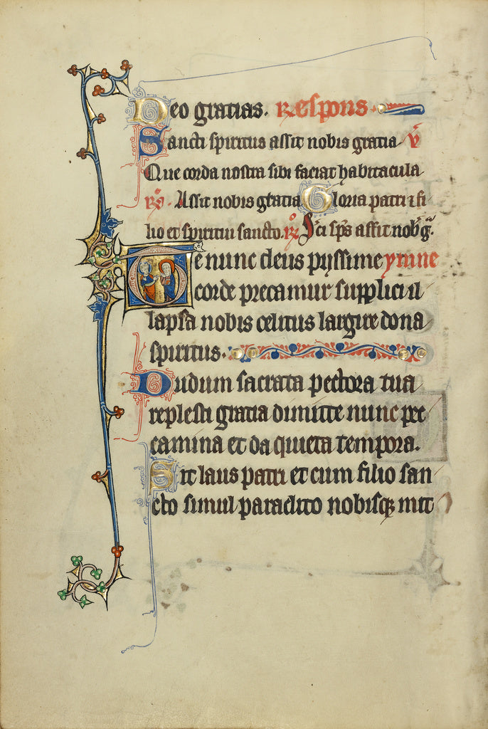 Unknown:Initial T: A Nimbed Cleric and a Female Saint, Poster Print Wall Art