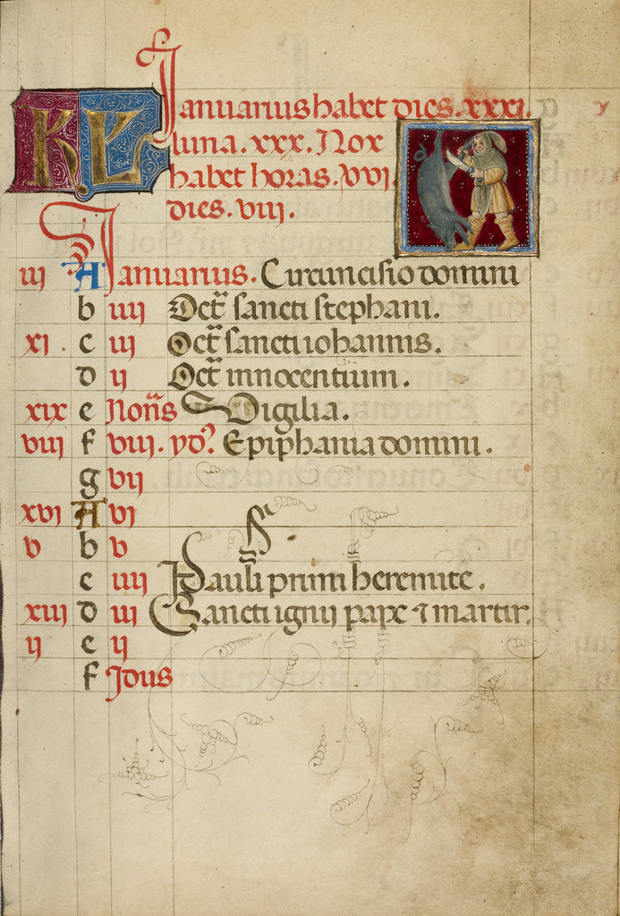 Unknown:January Calendar Page; Slaughtering a Pig, Poster Print Wall Art