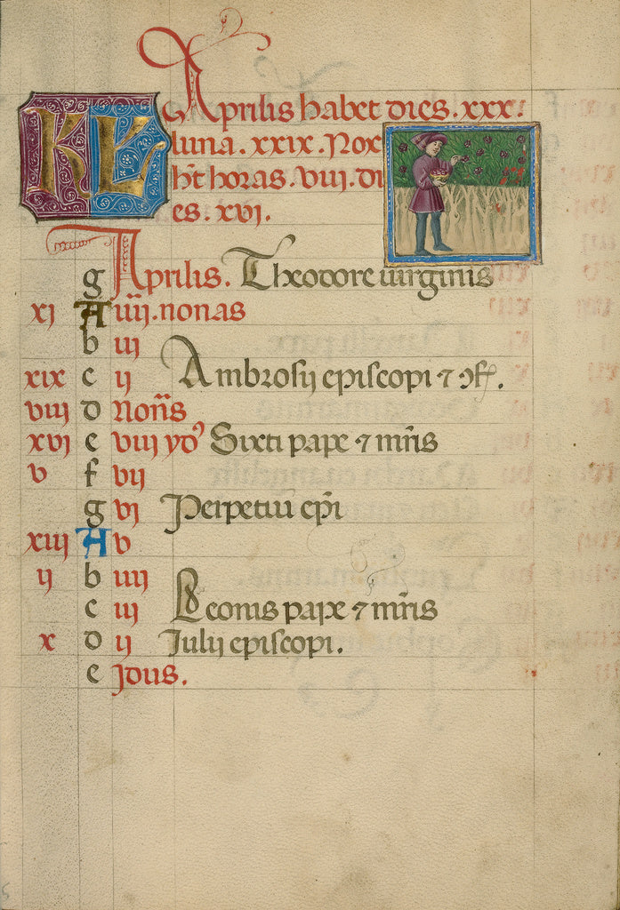 Unknown:April Calendar Page; Gathering Flowers, Poster Print Wall Art