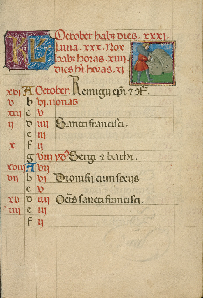 Unknown:October Calendar Page; Making Wine, Poster Print Wall Art