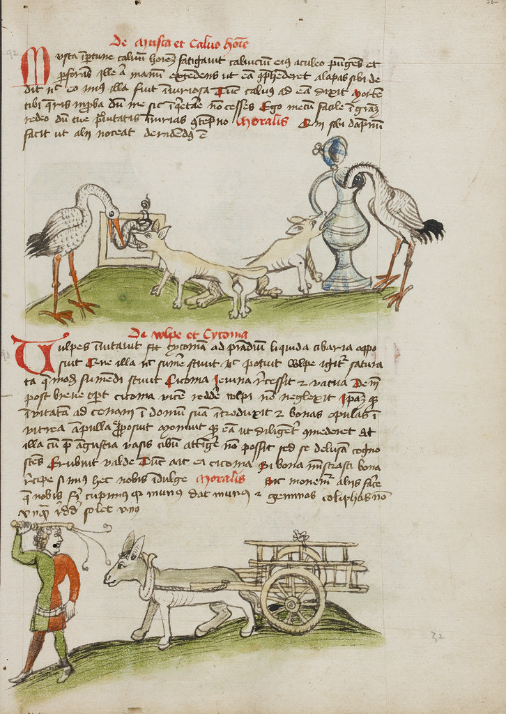 Unknown Artist:A Stork with its Head in a Vessel and a Fox Nearby; , Poster Print Wall Art