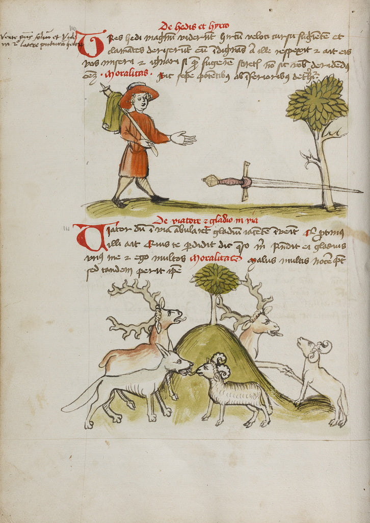 Unknown Artist:A Traveler Finding a Sword under a Tree; A Stag and , Poster Print Wall Art