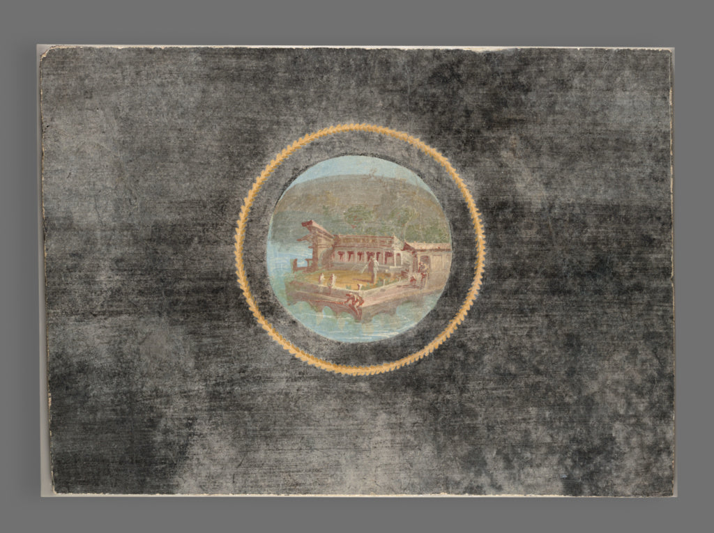 Unknown:Black-Ground Fresco Fragment with Landscape in Tondo, Poster Print Wall Art