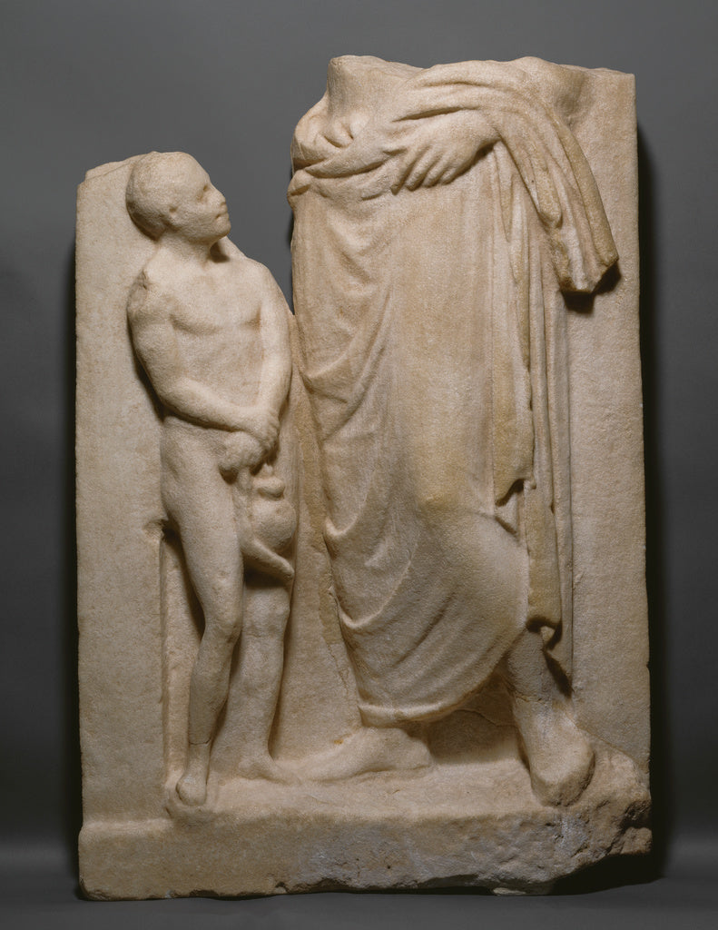 Unknown:Grave Naiskos of a Standing Youth and a Nude Boy, Poster Print Wall Art