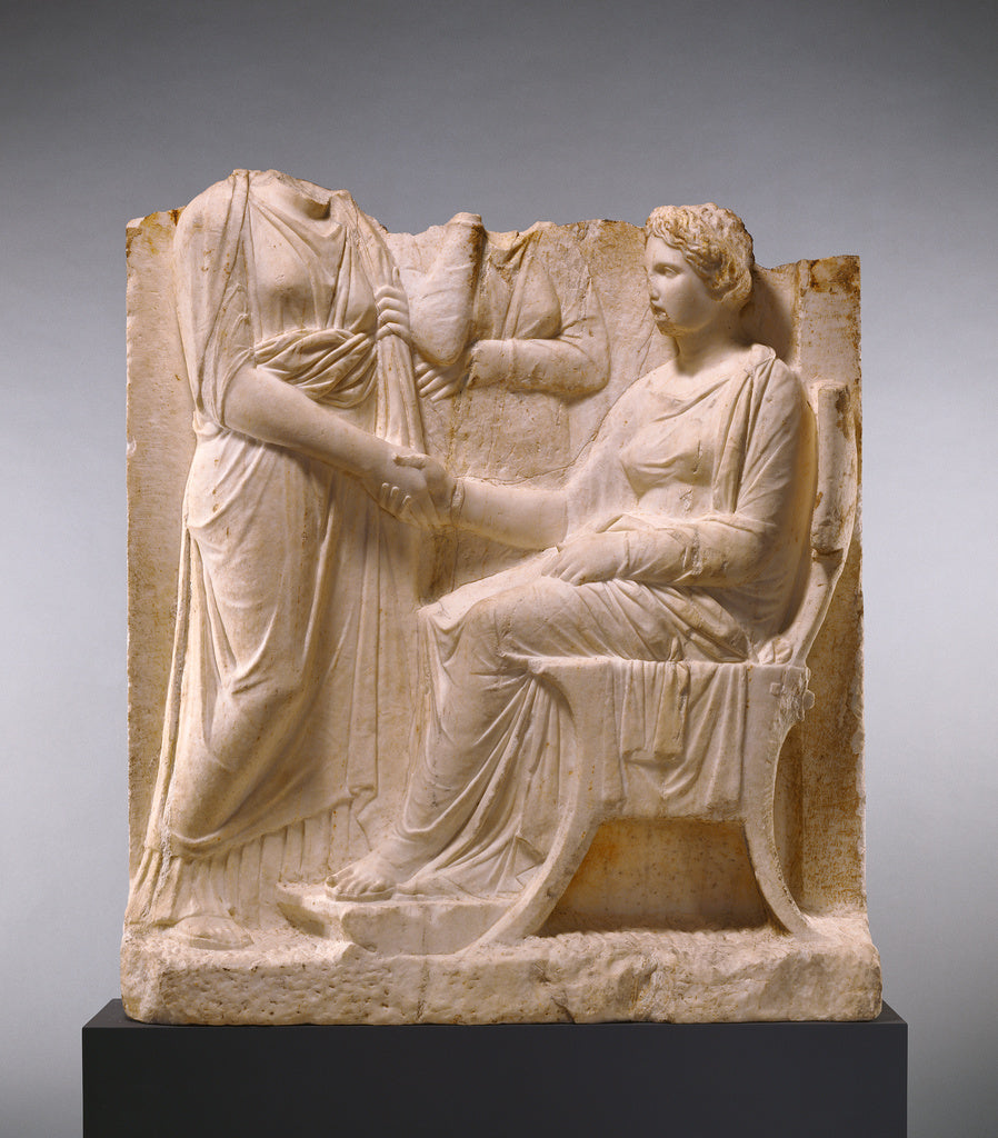 Unknown:Grave Naiskos of a Seated Woman with Two Standing Wo, Poster Print Wall Art