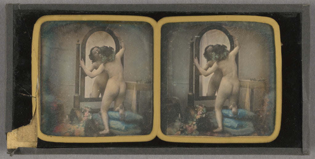 Félix Jacques Moulin:[Female Nude kissing her reflection in, Poster Print Wall Art