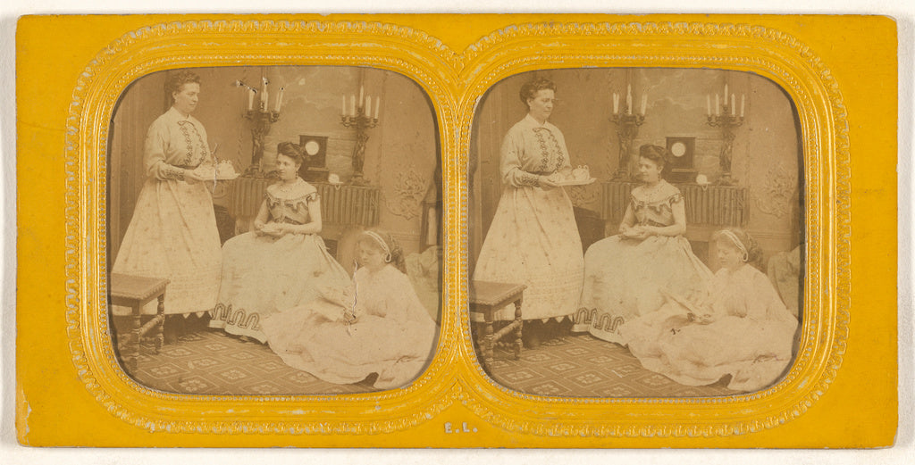 E. Lamy:[Parlor scene: one woman holding a tray with tea ser, Poster Print Wall Art