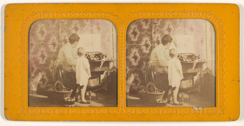 Unknown:[Mother preparing food at table, little child next t, Poster Print Wall Art