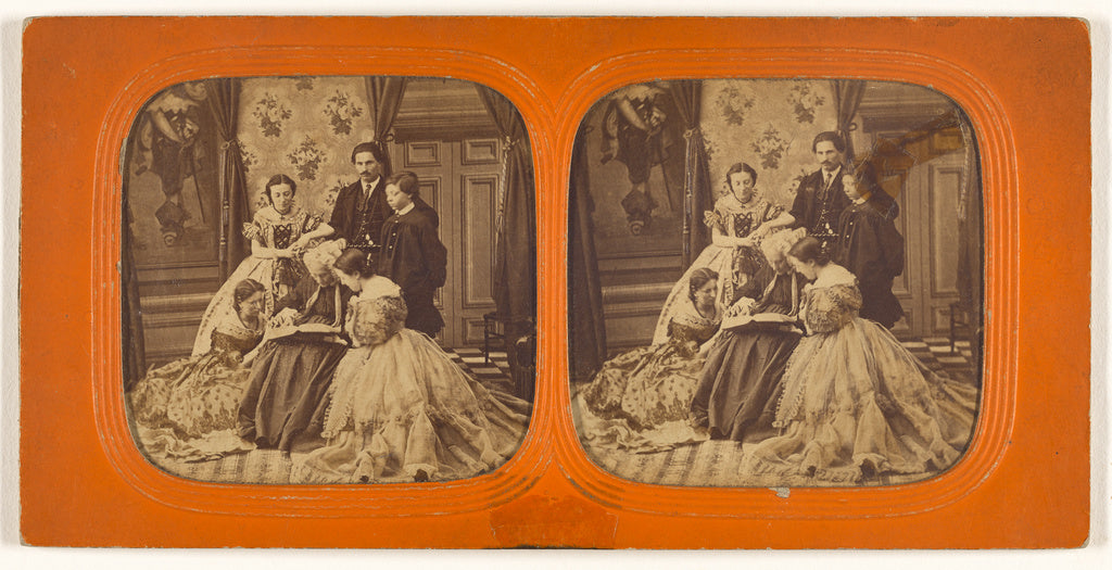 Unknown:[Family scene in parlor: elder woman reading to grou, Poster Print Wall Art