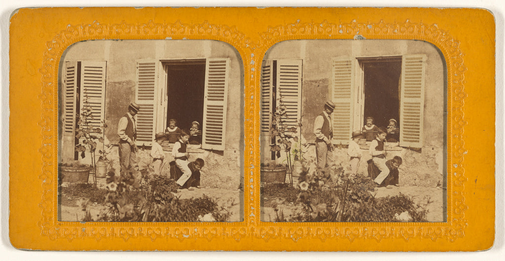 Unknown:[Three children playing leap frog, man behind them, , Poster Print Wall Art