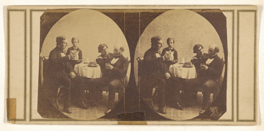 Unknown:[Three men and a small boy seated at a table, drinki, Poster Print Wall Art