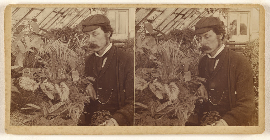 Unknown:[Man with moustache, wearing cap, posed with flowers, Poster Print Wall Art