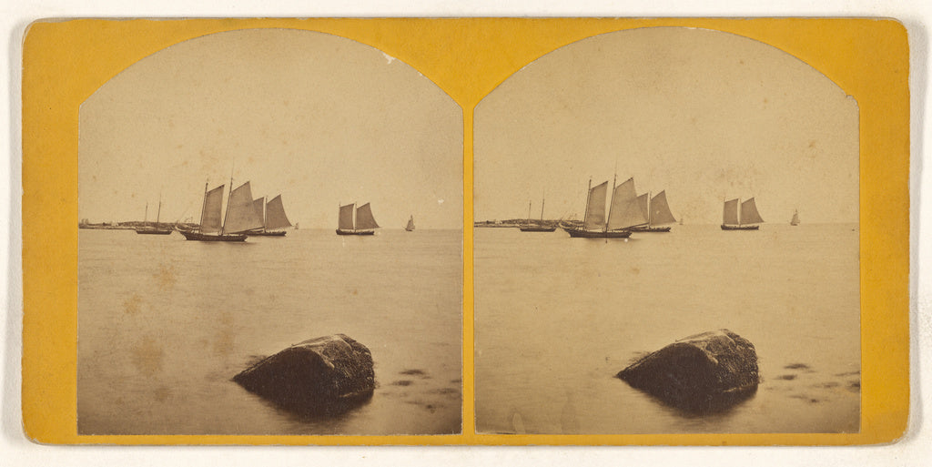 Unknown maker, American:[Sailboats in harbor, single rock in, Poster Print Wall Art