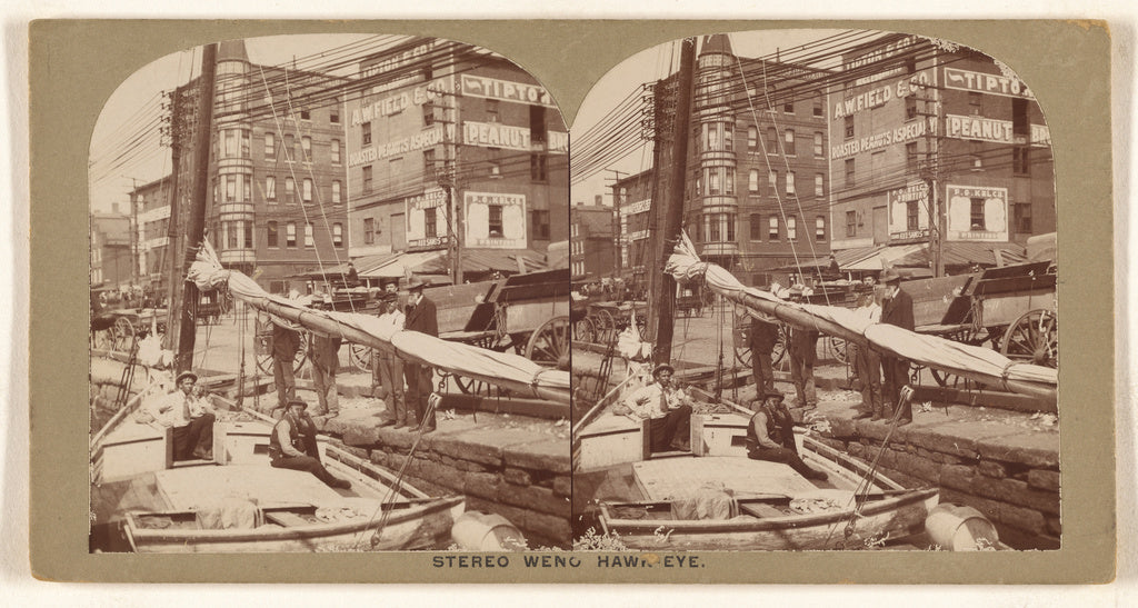 Unknown maker, American:[Two men on docked sailboat, other m, Poster Print Wall Art