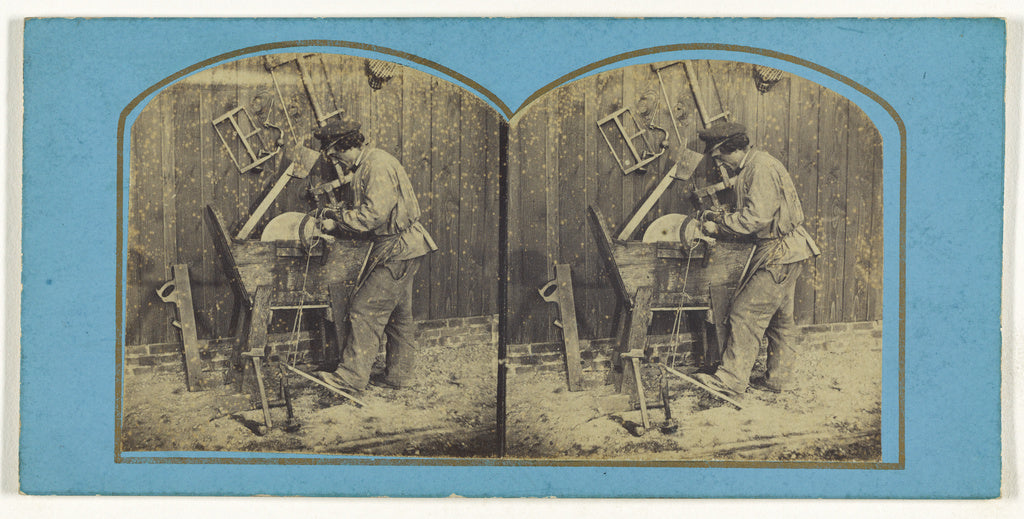 Unknown maker, French:[Man sharpening blade on foot-operated, Poster Print Wall Art