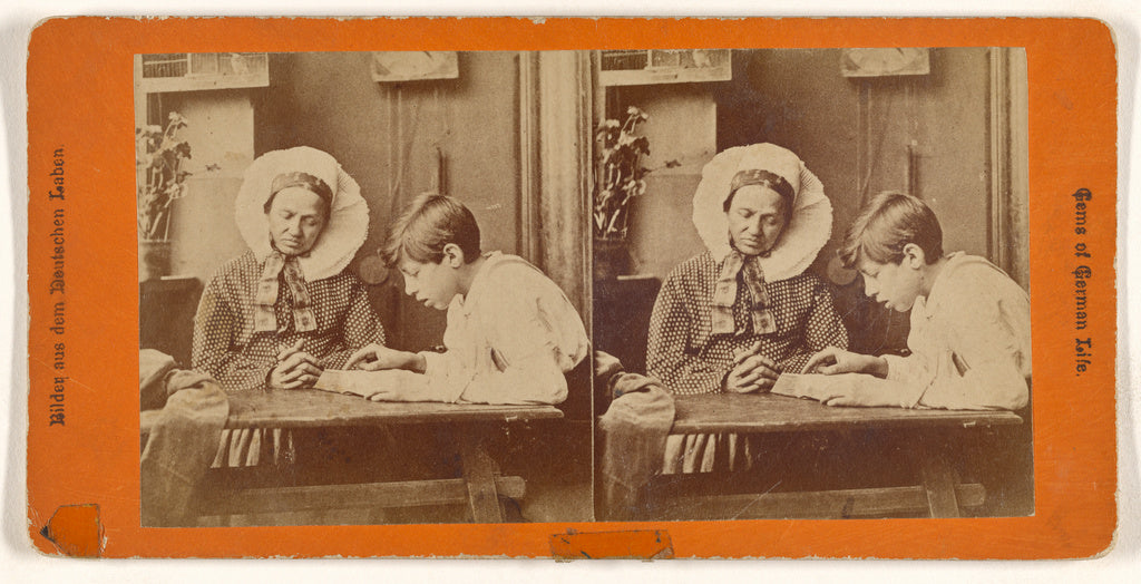 Unknown maker, German:[German woman and boy reading at table, Poster Print Wall Art