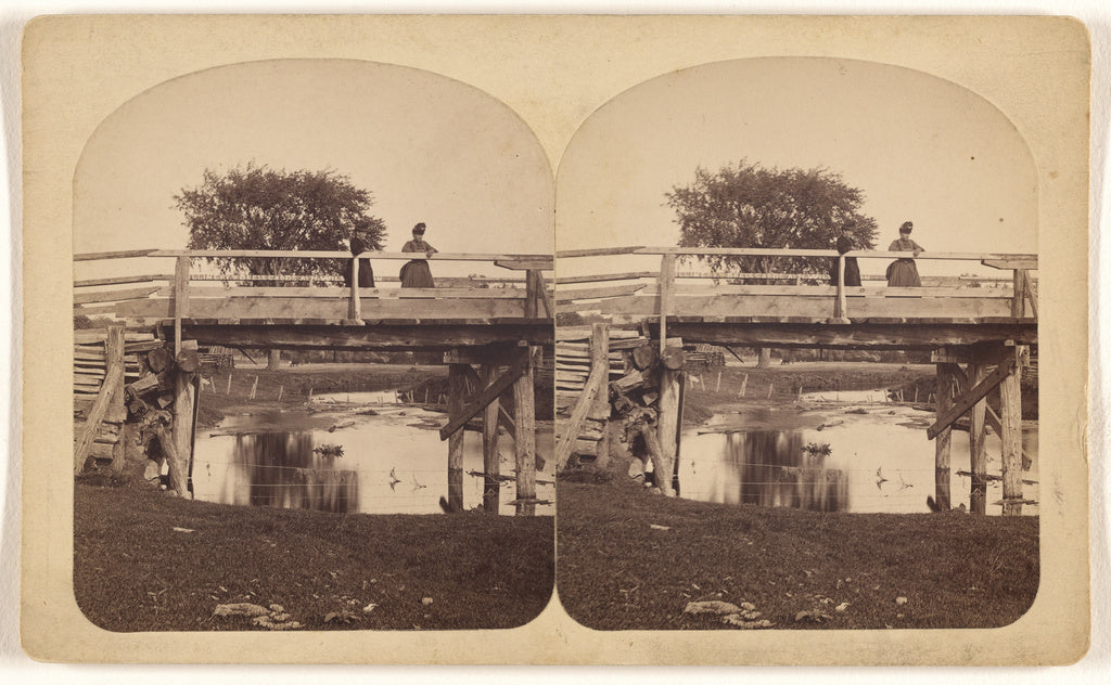 Ottomar Tarecki:[Two women standing on a wooden bridge, shal, Poster Print Wall Art