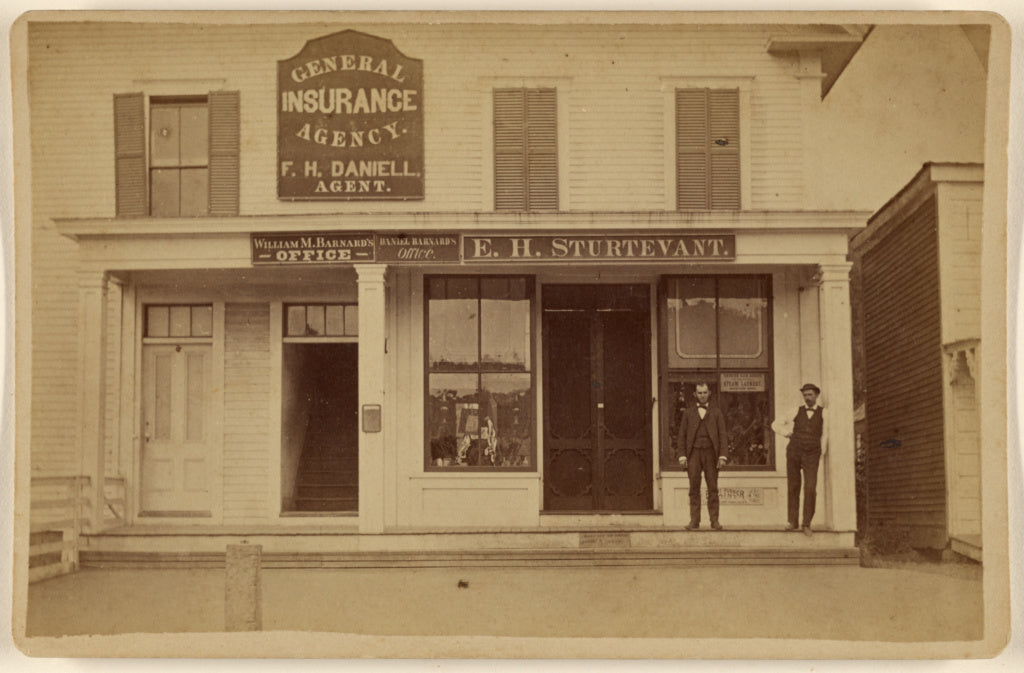 S.P. Brown:[Two men posing in front of offices of M. Barnard, Poster Print Wall Art